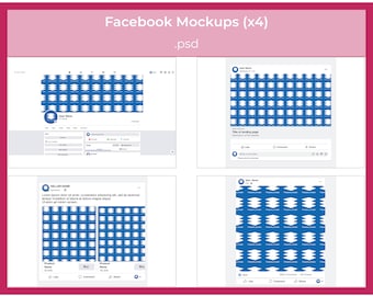 May include: Four Facebook mockups featuring a blue and white geometric pattern. The mockups display a Facebook profile page, a landing page, and two product pages.