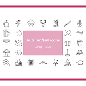 May include: A set of black and white line art icons with an autumn/fall theme. The icons include a cup of tea, tree, rain cloud, deer head, owl, wheat, corn, tree stump, leaf, jar of honey, squirrel, mushroom, maple leaf, honeycomb, picnic basket, sunflower, birds, chicken, fire, and hedgehog.