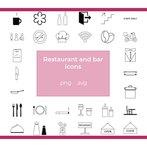 Ícones vetoriais de restaurantes para bares e alimentos Pacotes de ícones (.svg) ícones da web para bares e restaurantes. Ícone gastronômico. Ícones de entrega