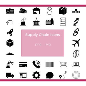 May include: Black and white icons representing various aspects of a supply chain, including shipping, manufacturing, and logistics. The text "Supply Chain Icons" is displayed in a pink rectangle.
