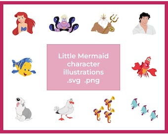 Könnte beinhalten: Ein Satz digitaler Illustrationen mit Charakteren aus dem Film Die kleine Meerjungfrau. Die Illustrationen zeigen Arielle, Ursula, König Triton, Prinz Eric, Flounder, Sebastian, Scuttle und Seepferdchen.