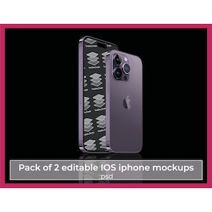 May include: Two purple iPhone mockups, one with a screen displaying a layered template design and the other with a blank screen. The text "Pack of 2 editable iOS iphone mockups .psd" is below the phones.