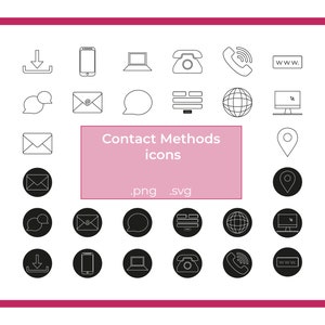 May include: A set of 24 black and white icons depicting various contact methods, including email, phone, website, and social media. The icons are arranged in a grid pattern and labeled "Contact Methods icons".
