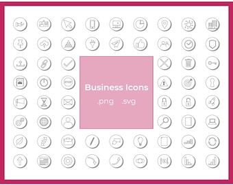 May include: A set of 64 black and white business icons in a circle with a shadow. The icons are arranged in a grid pattern. The text "Business Icons .png .svg" is in the center of the grid.