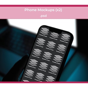 Könnte beinhalten: Ein schwarzes Smartphone-Mockup mit dunklem Hintergrund. Der Bildschirm zeigt ein Raster aus 16 grauen Rechtecken mit dem Text "Template Temple", der auf jedem Rechteck wiederholt wird.