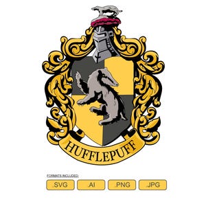 May include: Hufflepuff crest illustration featuring a badger on a yellow and black shield, with ornate gold filigree and a helmet. The word "HUFFLEPUFF" is displayed on a banner. Includes .SVG, .AI, .PNG, and .JPG formats.
