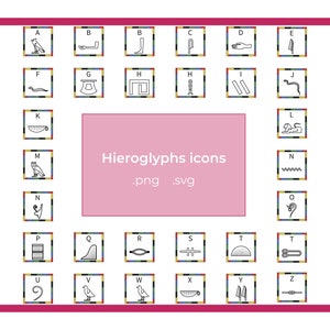 Vectorial Hieroglyphs icons pack (.svg)  Hieroglyphs egyptian alphabet complete. pyramid symbols and decorations in png and svg