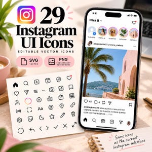 May include: A digital graphic set featuring 29 Instagram UI icons in SVG and PNG formats. The display shows a smartphone screen with a social media feed interface and a square card containing various black line-art vector icons.