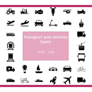 ベクトル交通手段アイコンパック通勤アイコン (.svg) 乗り物の種類: 飛行機、車、トラック、ボート... 交通手段アイコンは編集可能