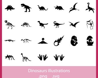 May include: A selection of black dinosaur illustrations on a white backdrop. The image features diverse dinosaur silhouettes, a volcano, a meteor, dinosaur footprints, and text that reads "Dinosaurs illustrations .png .svg".
