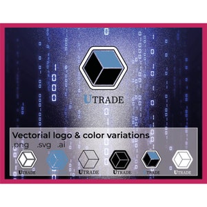 May include: A black and blue 3D cube logo with the word "UTRADE" in white text below. The logo is set against a blue and white digital background. The image also shows five variations of the logo in different colour combinations.