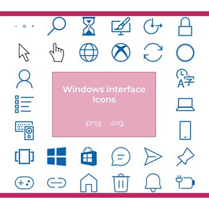 Può includere: Un set di 30 icone blu e nere che rappresentano elementi comuni dell'interfaccia di Windows, come una lente d'ingrandimento, una clessidra, un pennello, un lucchetto, un globo terrestre, una freccia di aggiornamento e altro ancora. Le icone sono disposte in una griglia su uno sfondo bianco con un rettangolo rosa al centro che recita "Windows interface icons .png .svg".