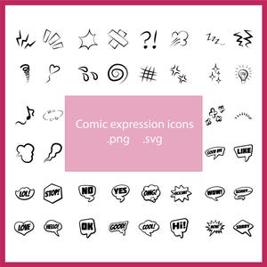 May include: A collection of black and white comic expression icons on a pink background. The icons include speech bubbles with words like "LOL!", "WOW!", and "OK!", along with symbols for sound effects and emotions. Text on the image reads "Comic expression icons .png .svg".