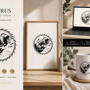 May include: Black and white Taurus zodiac sign design. The image features a bull leaping from a rocky surface, encircled by a decorative border. The design is displayed on a framed print, a laptop screen, and a coffee mug.