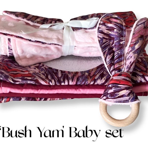 Indigenous/Aboriginal Australian “Bush Yam” Baby Bibs, Burp Cloths & Pram/Snuggle Blanket Set