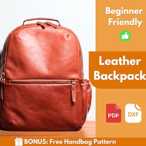 Puede incluir: Una mochila de cuero marrón rojizo con un asa superior, un bolsillo frontal con cremallera y bolsillos laterales. La imagen incluye el texto "Beginner Friendly" y "Leather Backpack". También se incluyen iconos PDF y DXF.