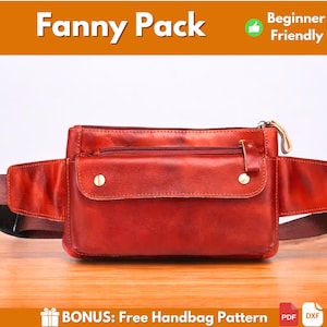 Pode incluir: Uma pochete de couro vermelha com um bolso com zíper e um fecho de fivela. A pochete está sobre uma superfície de madeira. Fácil para iniciantes.