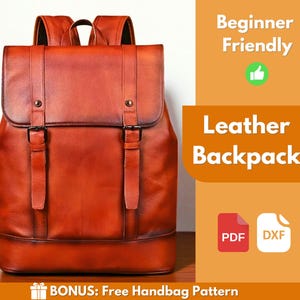 May include: A brown leather backpack with a flap closure and adjustable straps. The bag has a classic design with metal buckles and rivets. The image includes the text "Beginner Friendly" and "Leather Backpack".