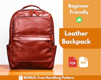 May include: A reddish-brown leather backpack with multiple compartments, a top handle, and side pockets. The image includes the text "Beginner Friendly" and "Leather Backpack". The image also includes PDF and DXF icons.