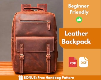 May include: A brown leather backpack with a rectangular design, featuring a front flap pocket secured by two straps with buckles. The bag has a top handle and a zipped main compartment. The text "Leather Backpack" is visible.