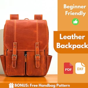 May include: A brown leather backpack with a rectangular shape, featuring two front pockets, adjustable straps, and metal buckles. The image includes the text "Beginner Friendly" and "Leather Backpack".