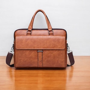 K&ouml;nnte beinhalten: Eine braune Ledertasche mit einer Fronttasche und einem Schultergurt.