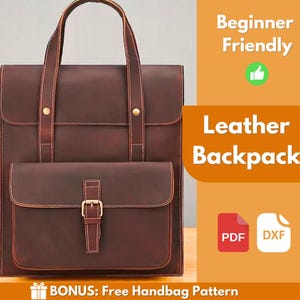 Puede incluir: Una mochila de cuero marrón con un bolsillo frontal y un asa superior. La bolsa tiene un cierre de hebilla y está diseñada con un patrón para principiantes. La imagen también incluye el texto "Leather Backpack".