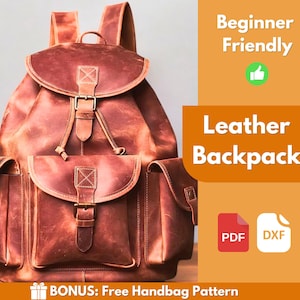 Peut inclure: Un sac à dos en cuir marron avec plusieurs poches et des bretelles réglables. Le sac a une fermeture à rabat avec une boucle et un cordon de serrage. Le texte "Leather Backpack" et "Beginner Friendly" est inclus.