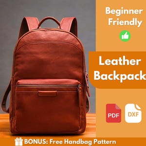 Puede incluir: Una mochila de cuero marrón con un bolsillo frontal y cierre de cremallera. La mochila es fácil de hacer para principiantes e incluye patrones de bolso gratuitos en formatos PDF y DXF. Mochila de cuero fácil de hacer.