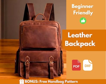 May include: Brown leather backpack with adjustable straps and multiple pockets. Beginner Friendly. Leather Backpack. PDF and DXF files included. BONUS: Free Handbag Pattern.