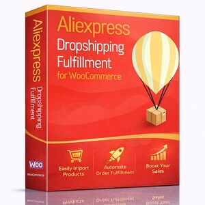 Op de afbeelding: Een rode doos met de tekst "Aliexpress Dropshipping Fulfillment for WooCommerce". Een gele en witte heteluchtballongrafiek staat boven een bruine doos. Pictogrammen voor het importeren van producten, orderafhandeling en verkoop staan onderaan.