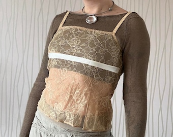 Y2K Lace Cami Top Coquette Balletcore Sheer Neutral Fairy Babydoll Empire Waist Tank Top