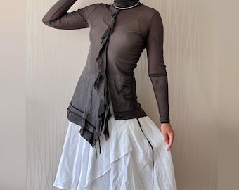 Y2K Cop Copine Sheer Asymmetrical Mesh Tunic – Ruffle Detail