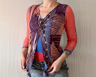 Y2K Save the Queen Faux-Layered Top – Abstract Print & Leather Tassel Detail