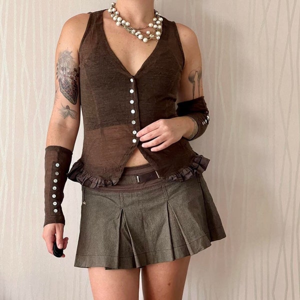 Micro Knit Fairy Grunge Coquette Ruffle Tank and Arm Warmers Sleeves