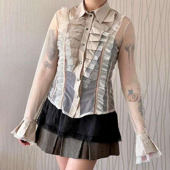 Late 90s / Early Y2K Save the Queen Sheer Mesh Blouse – Ruffle 