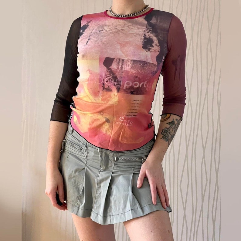 T-shirt Vintage Femme Y2K Années 2000 Stretch Multicouleur, Col Rond, Manches Longues