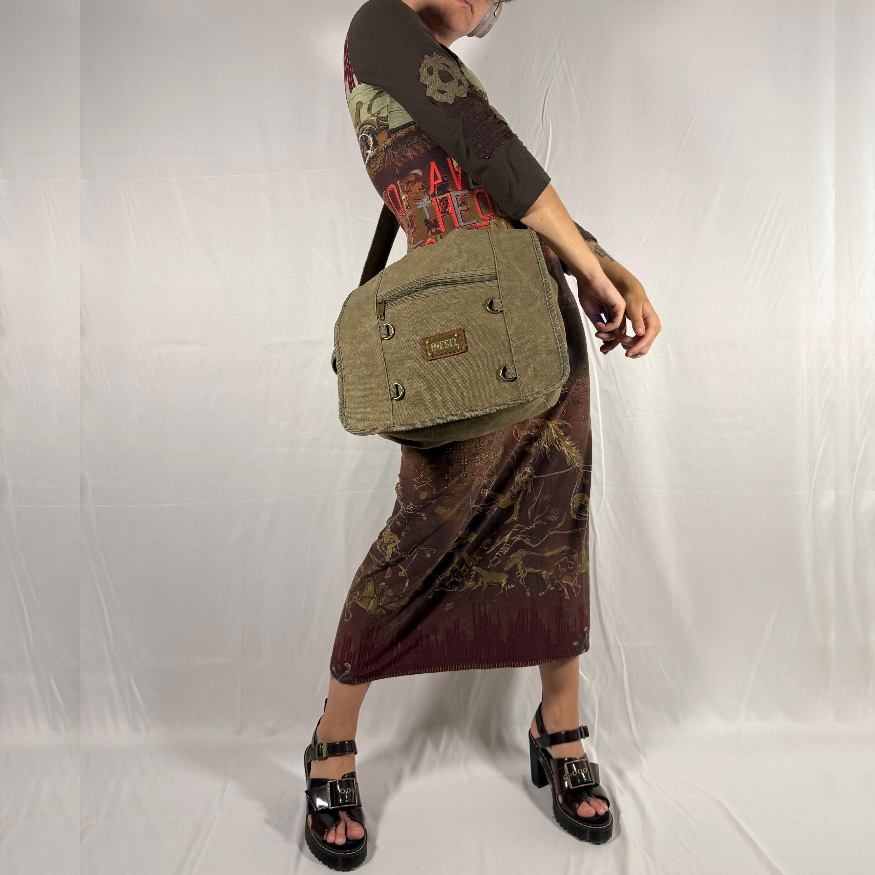 Y2K Vintage Diesel Canvas Cargo Messenger Bag – Khaki Gorpcore