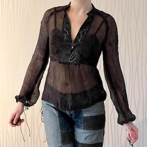 Whimsygoth Top Fairy Grunge Sheer Blouse Balloon Sleeve Coquette Beaded Y2K Goth Top