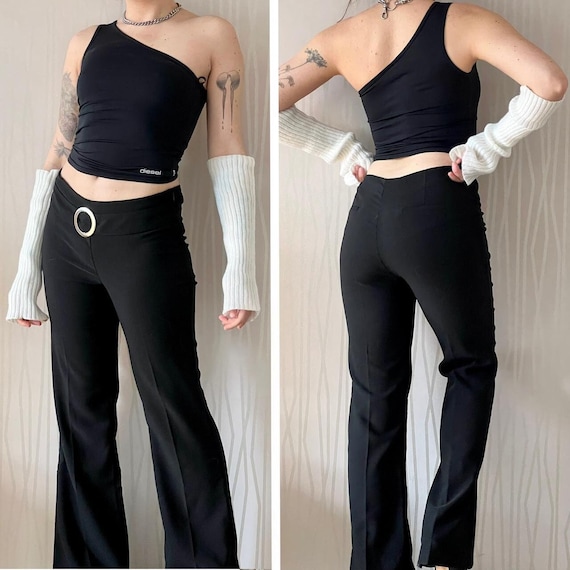 3 Suisses Flare Pants Cyber Y2K Minimal Belt Buckle Retro Low Rise Mid Rise  Bootcut Trousers 