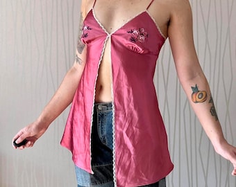 Y2K Coquette Babydoll Top Balletcore Embroidered Satin Lingerie Top