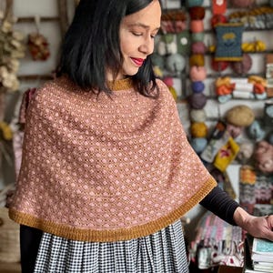 May include: A woman wearing a pink and brown knitted shawl with a polka dot pattern. The shawl has a mustard yellow border. She is wearing a black and white gingham dress.