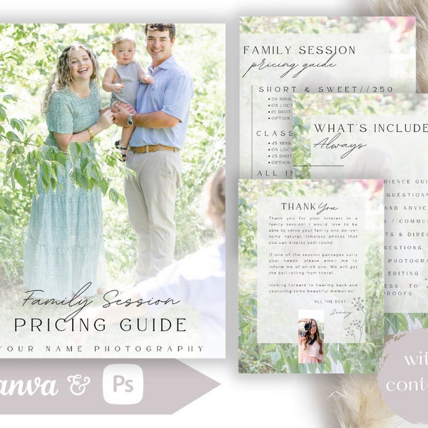 Family Session Pricing Guide, Photography Pricing Guide Template, Editable Pricing Template, Photoshop template, Canva template, Price Guide