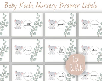 Baby Koala Printable Nursery Drawer Labels, Basket Labels, Baby Girl, Nursery Organization, Nursery Decor, Print Yourself, Instant download