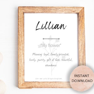Lillian Name Meaning, Nursery Sign, Printable Baby Name Sign, Instant download, Lillian sign, Printable name meaning, Lillian meaning