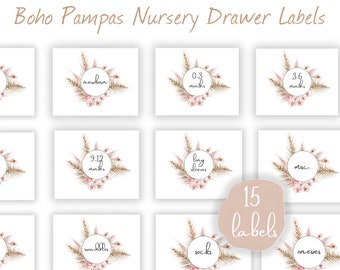 Boho Pampas Printable Nursery Drawer Labels, Basket Labels, Baby Girl, Nursery Organization, Nursery Decor, Print Yourself, Instant download