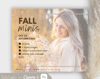 Minimalist Fall Mini Session Template, Photography Marketing Board, Editable Fall Minis Canva Template, Photoshop PSD Template, Customizable