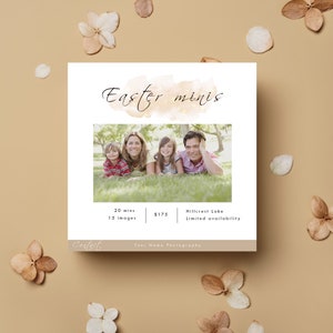 May include: A white flyer with a watercolor background and gold glitter accents. The text "Easter minis" is written in black cursive. A photo of a family of four posing in a grassy area is below the text. The flyer lists the details of the photo shoot: 20 minutes, 15 images, $175, Hillcrest Lake, Limited availability. The text "Contact" is written in black cursive at the bottom of the flyer, followed by "Your Name Photography".