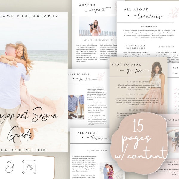 Engagement Session Prep Guide, What to Wear Style Guide, Canva Template,Wedding Photography Client Experience Welcome Guide, Editable