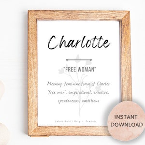 Signification du nom de bébé Charlotte, signe de chambre de bébé, signe de nom de bébé imprimable, téléchargement immédiat, signe de Charlotte, signification du nom imprimable
